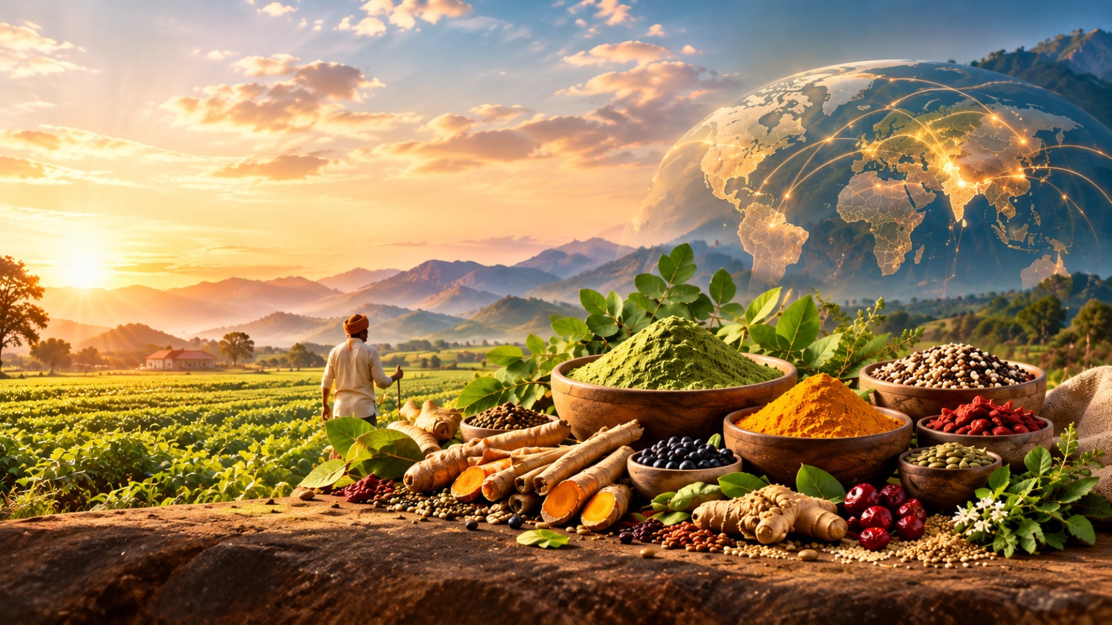 Indian farmland, herbs and spices at sunrise with a globe illustrating international trade