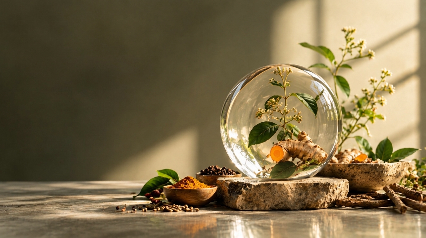 Turmeric, botanicals and spices arranged around a glass sphere in warm sunlight